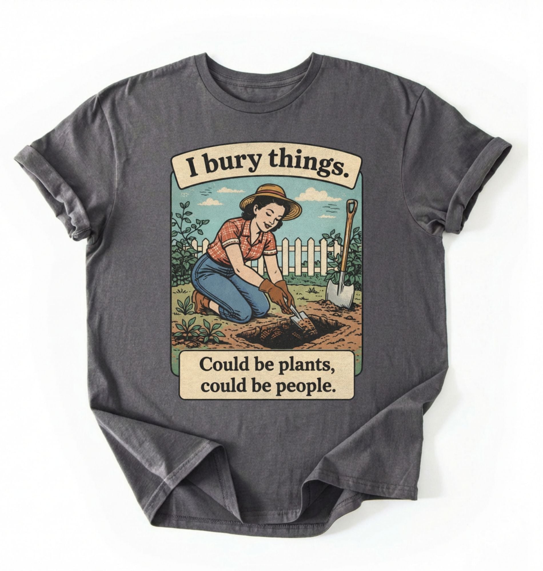 Flat lay of a charcoal Funny I bury things gardening shirt with vintage illustration perfect gift for gardeners and plant lovers with humor on a white background