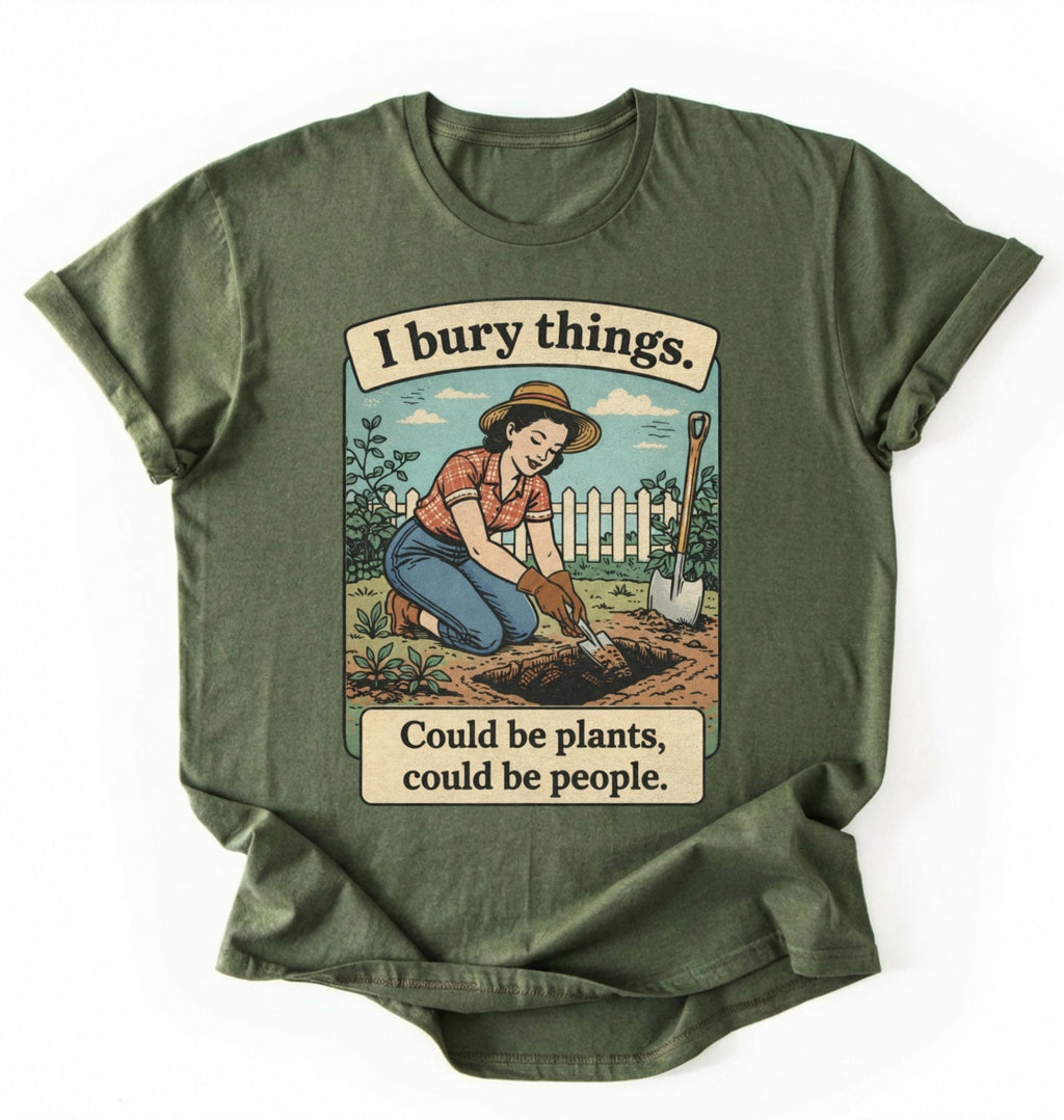 Flat lay of a green moss Funny I bury things gardening shirt with vintage illustration perfect gift for gardeners and plant lovers with humor on a white background