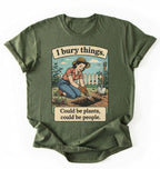 Flat lay of a green moss Funny I bury things gardening shirt with vintage illustration perfect gift for gardeners and plant lovers with humor on a white background