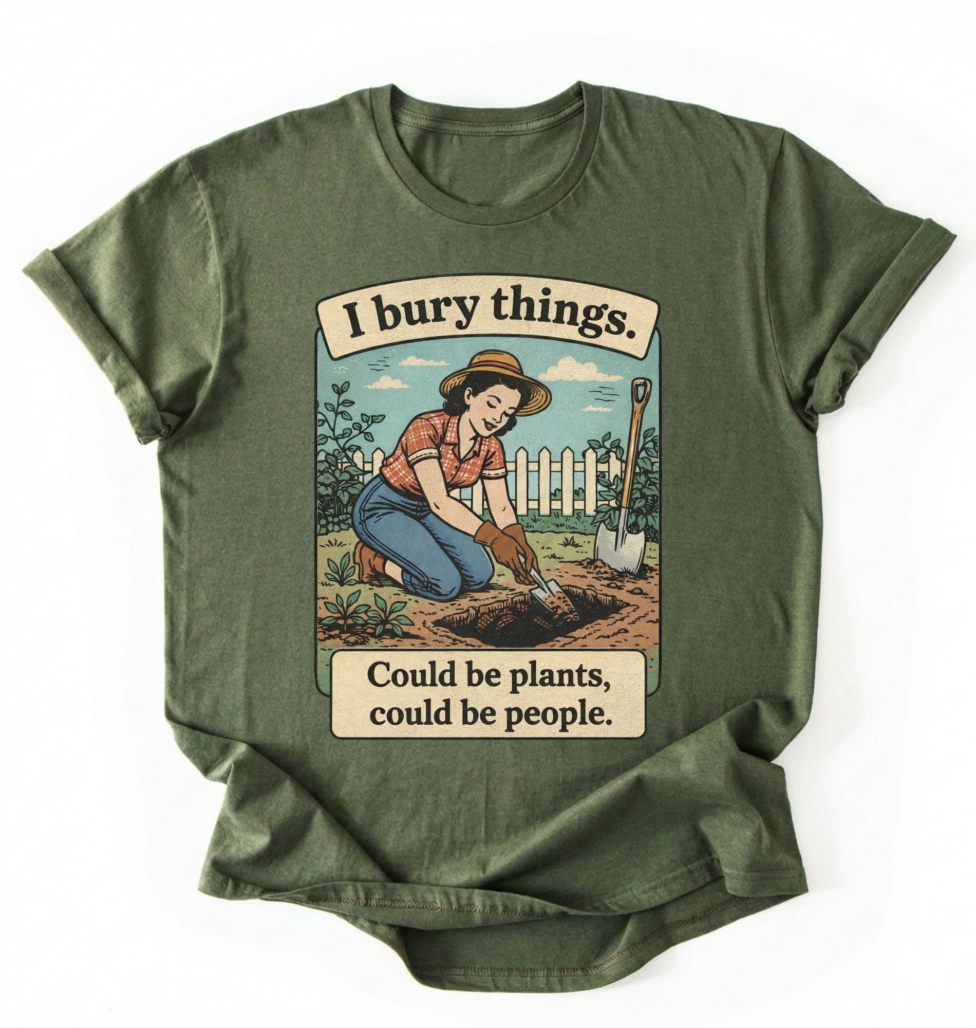 Flat lay of a green moss Funny I bury things gardening shirt with vintage illustration perfect gift for gardeners and plant lovers with humor on a white background