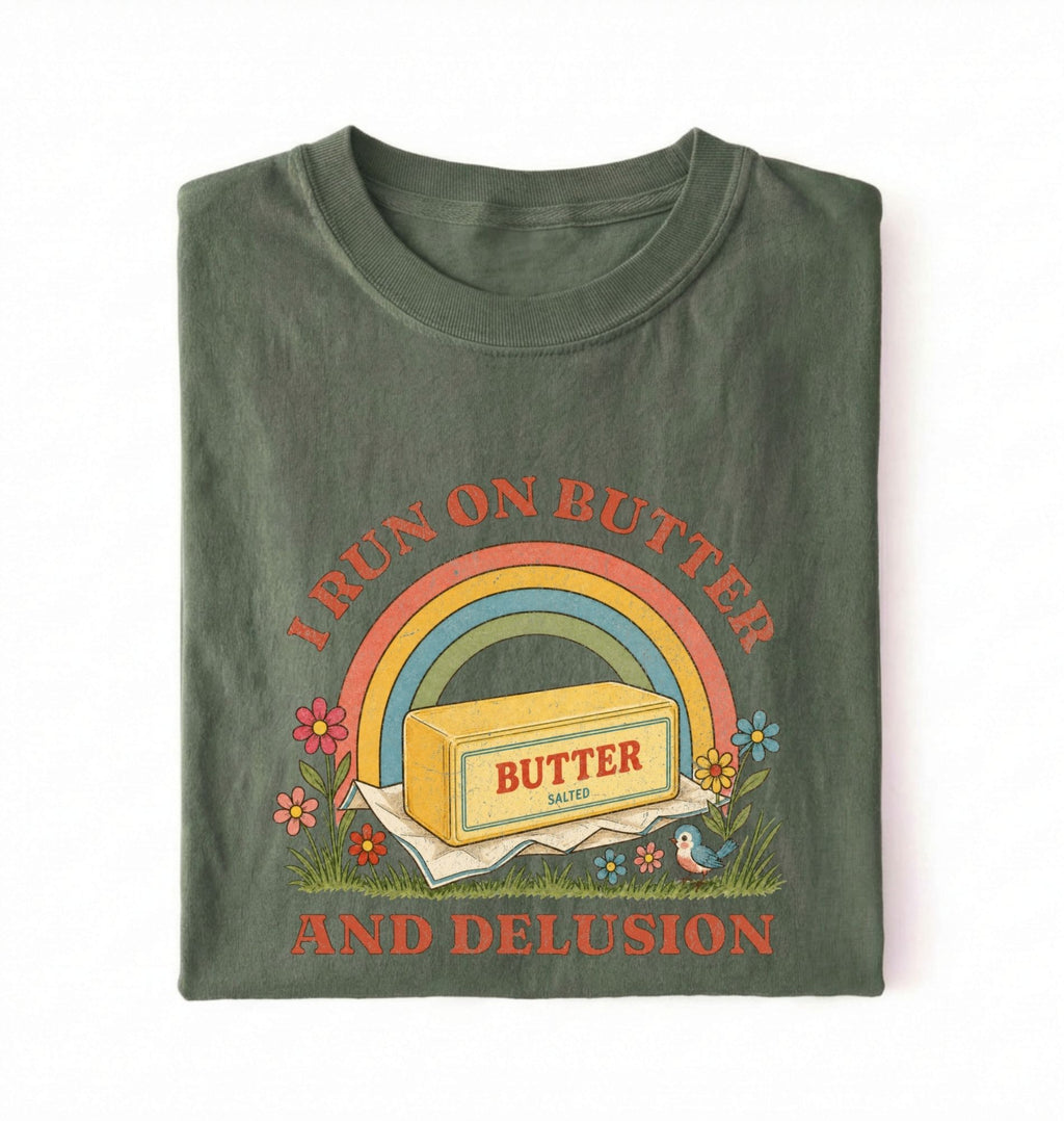 A green short-sleeve t-shirt with a retro-style graphic on the front. The graphic features a rainbow arching over a stick of butter labeled 'BUTTER', with the text 'I RUN ON BUTTER' above and 'AND DELUSION' below in a reddish-brown font, surrounded by small flowers and grass.