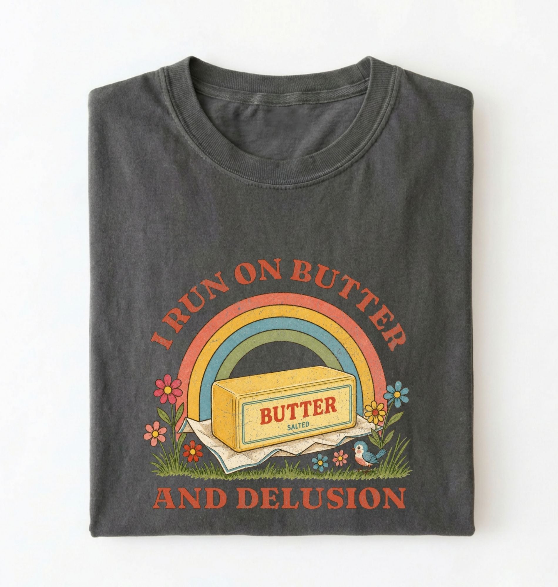 A dark gray folded t-shirt with a retro-style graphic that reads 'I RUN ON BUTTER AND DELUSION' surrounding an illustration of a butter block under a rainbow.