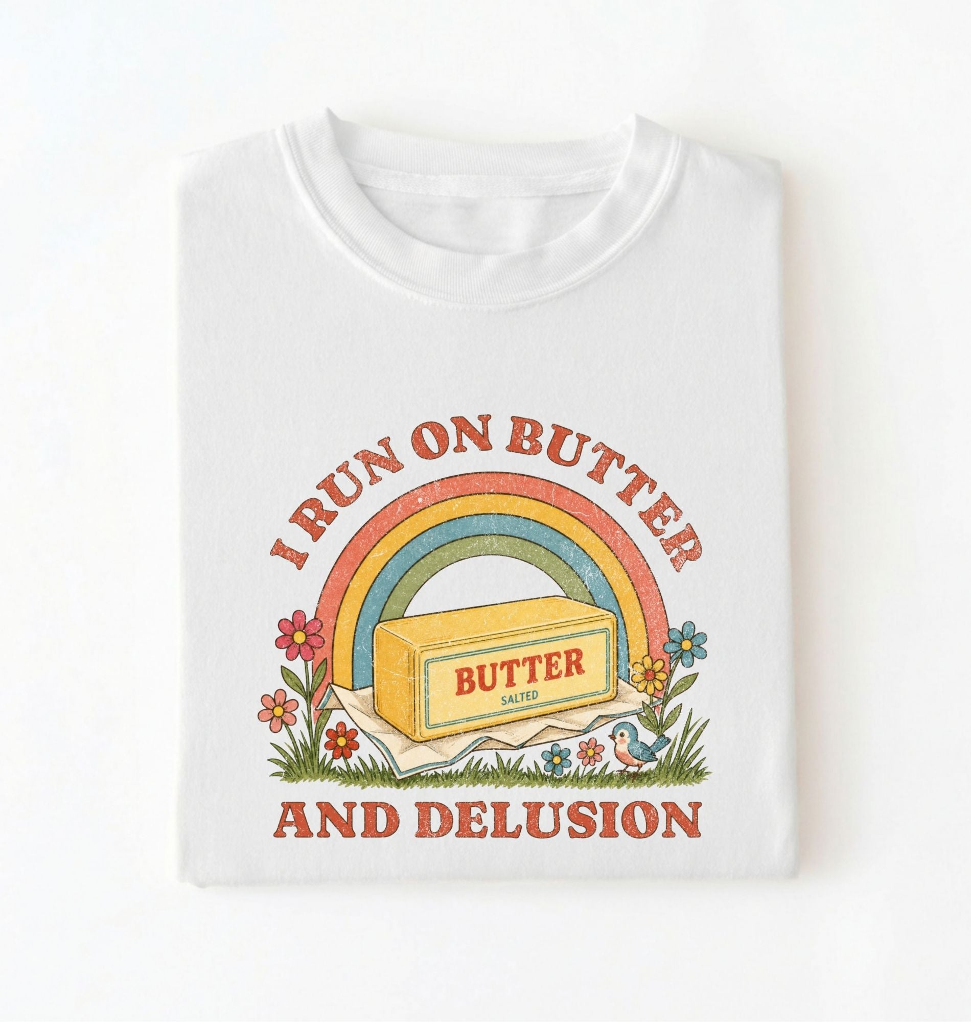 A white short-sleeve crewneck t-shirt with a retro-style graphic print. The design features a yellow butter block under a multi-colored rainbow, with the text 'I RUN ON BUTTER AND DELUSION' in a reddish-brown font, surrounded by small flowers and grass.