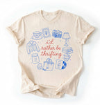 Flat lay of a natural id rather be thrifting shirt cream cute vintage thrift lover t shirt retro aesthetic gift on a white background 