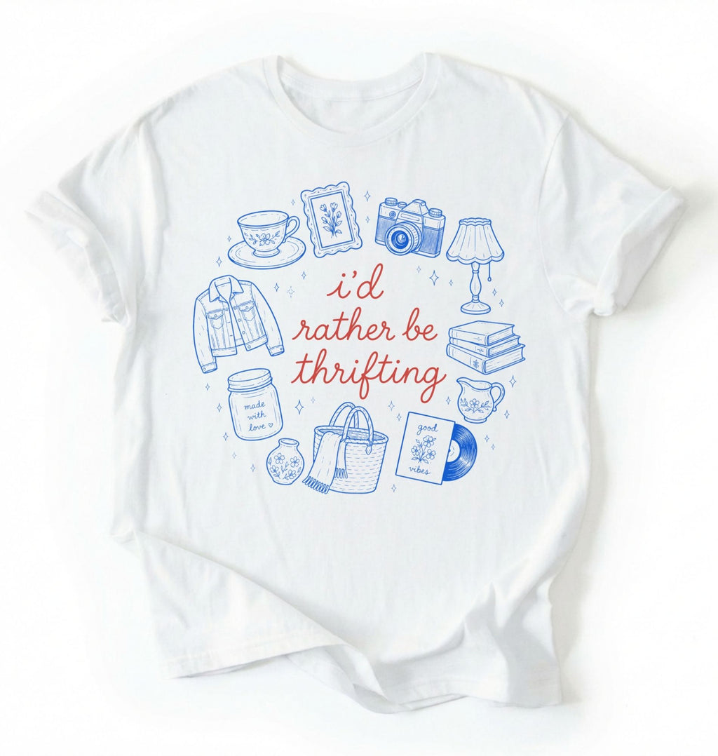 Flat lay of a white id rather be thrifting shirt cream cute vintage thrift lover t shirt retro aesthetic gift on a white background 