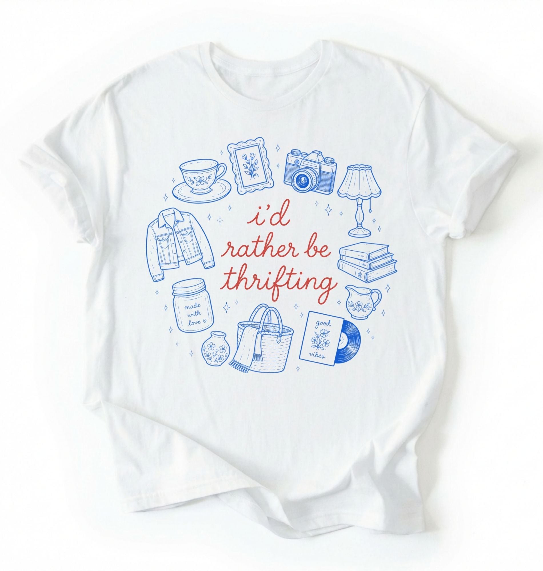 Flat lay of a white id rather be thrifting shirt cream cute vintage thrift lover t shirt retro aesthetic gift on a white background 