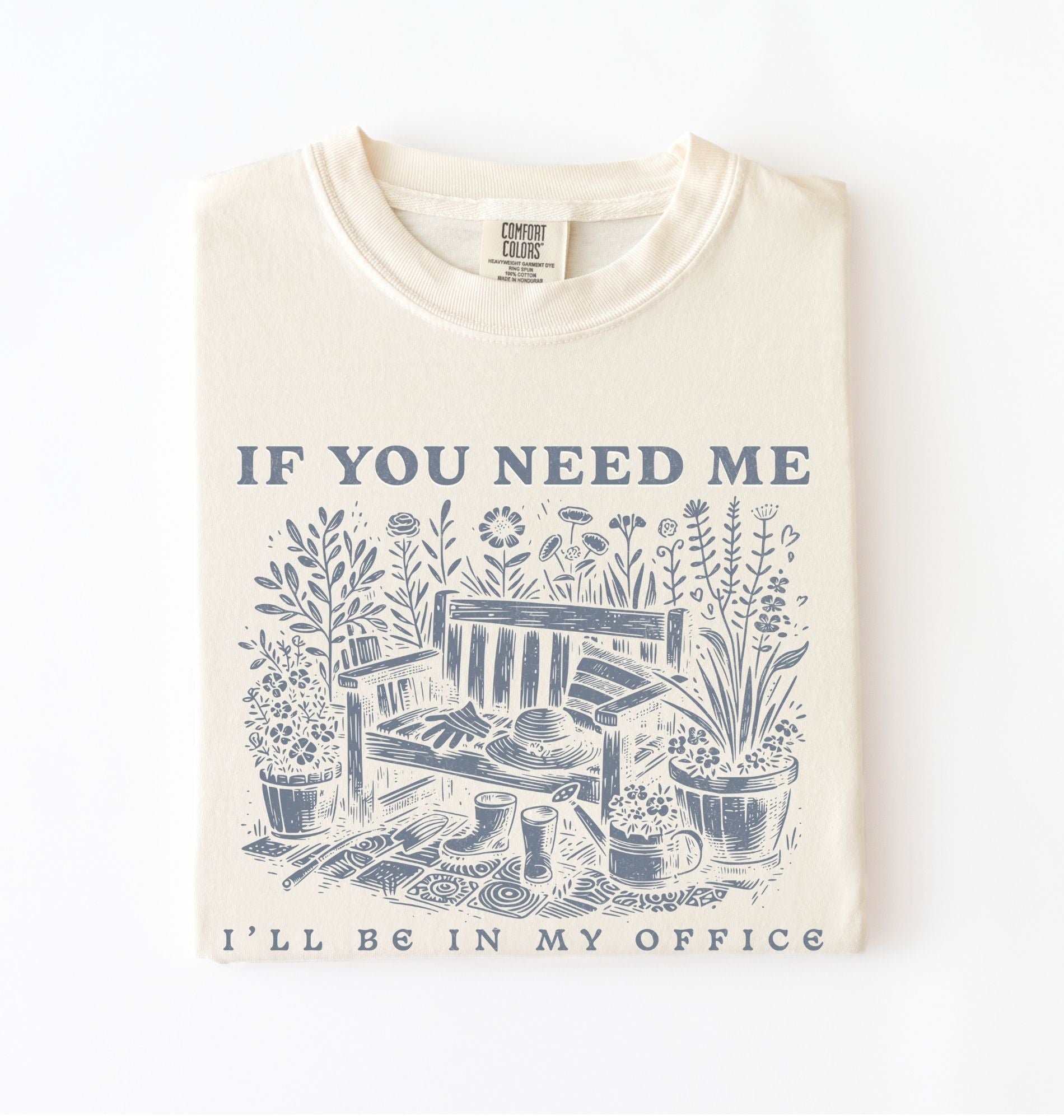 If you need me I’ll be in my office gardening shirt with cottagecore bench and potted plants illustration