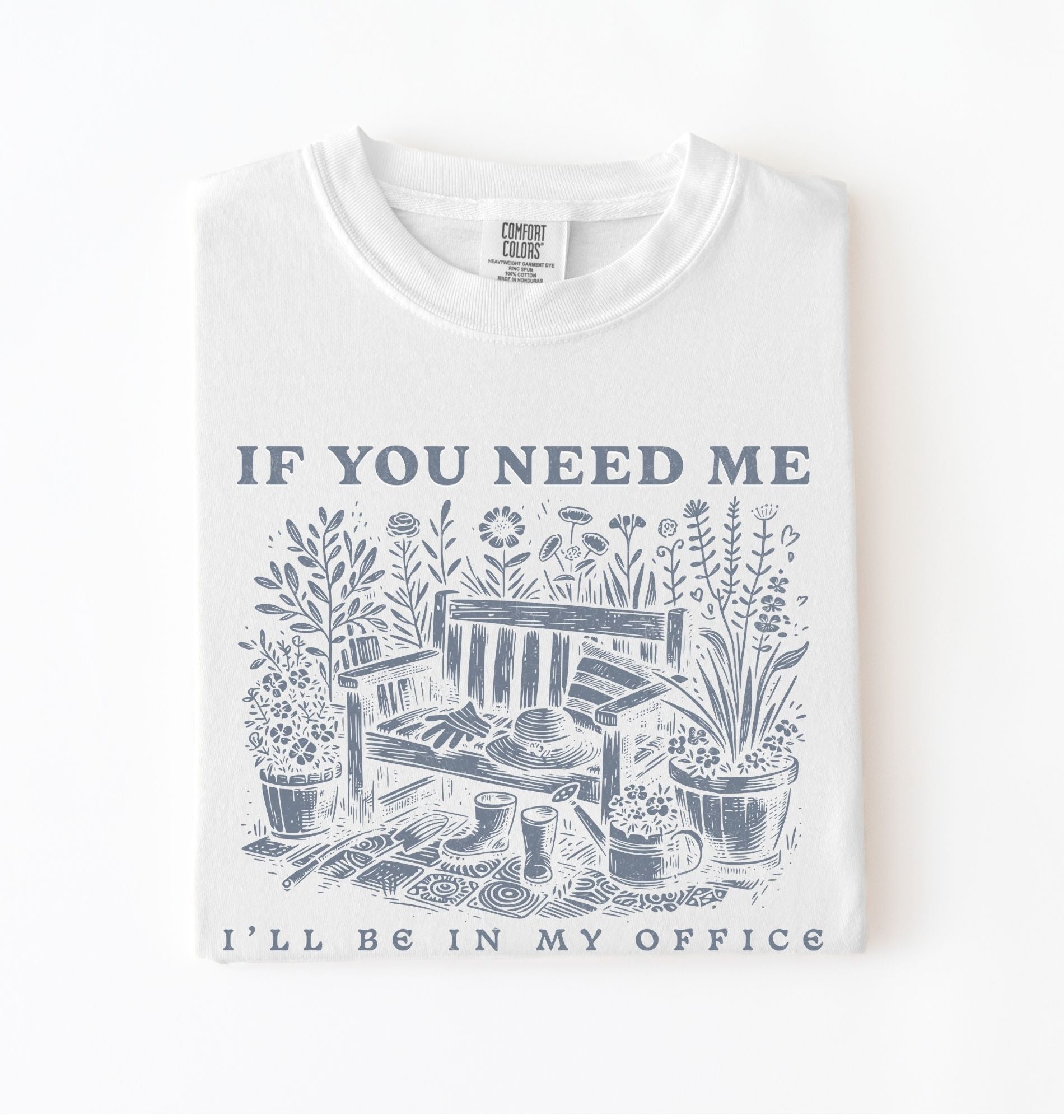 If you need me I’ll be in my office gardening shirt with cottagecore bench and potted plants illustration