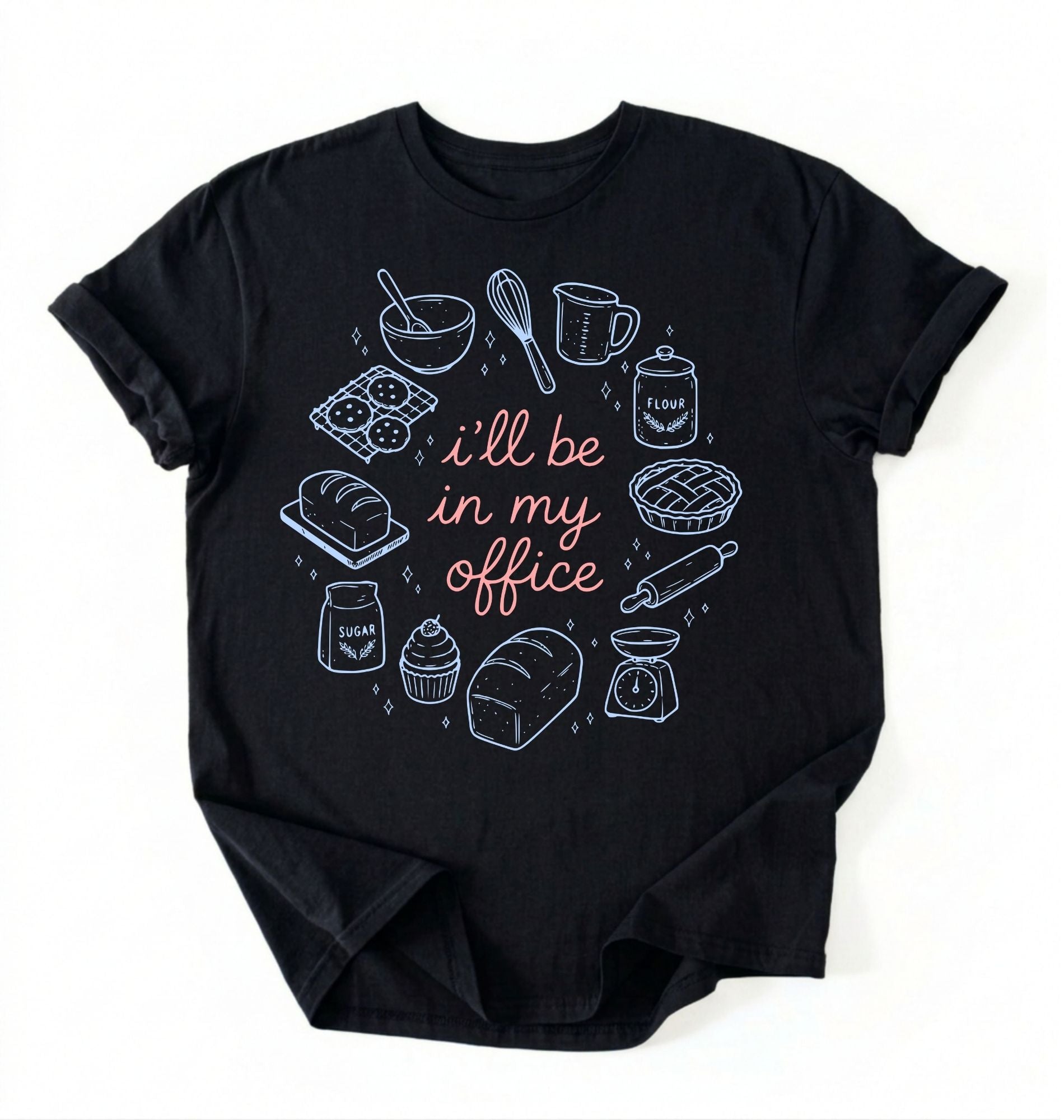 Flat lay of a Funny baking shirt with bread pie cupcake and baking tools illustration on black tee on a white background 