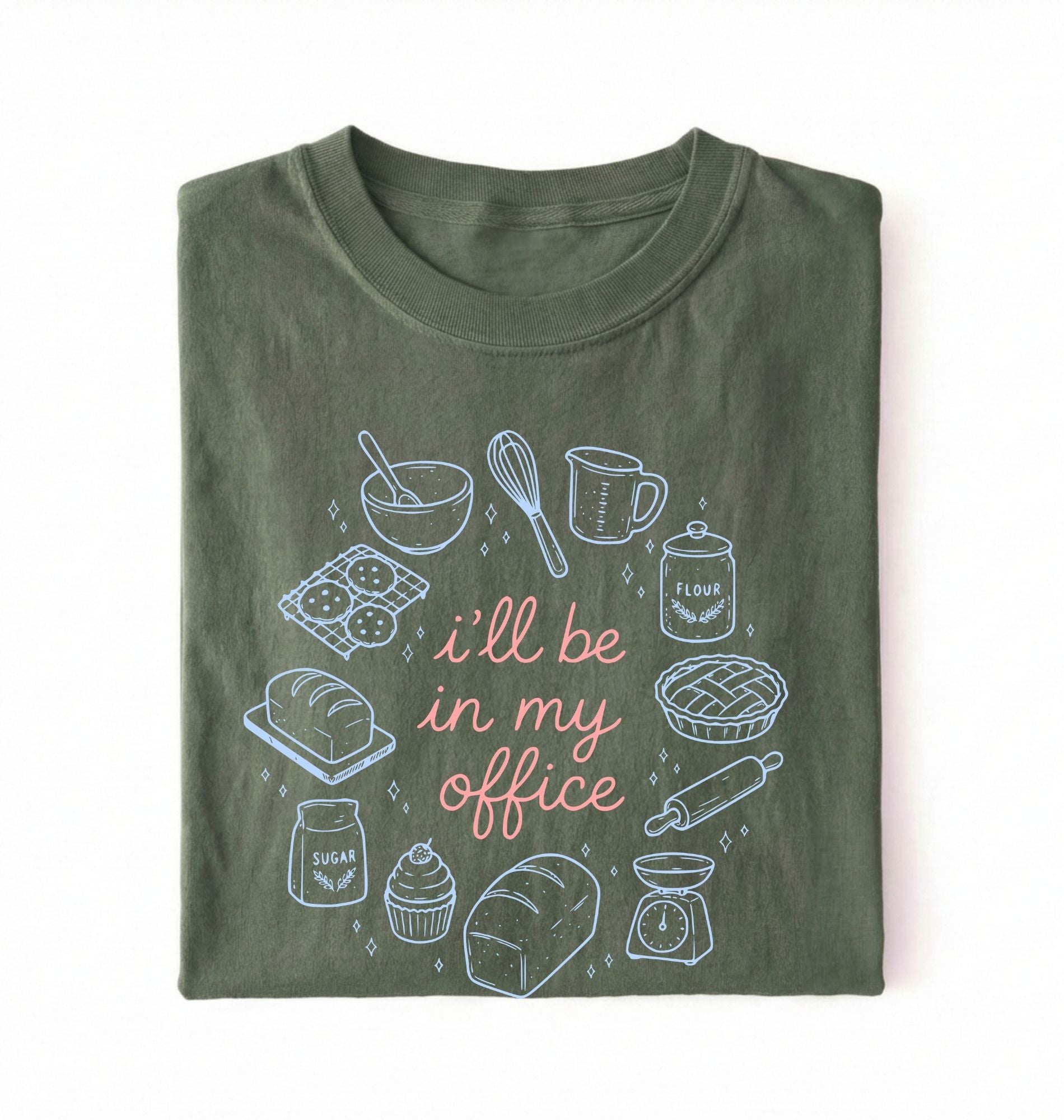 Flat lay of a Funny baking shirt with bread pie cupcake and baking tools illustration on green tee on a white background 