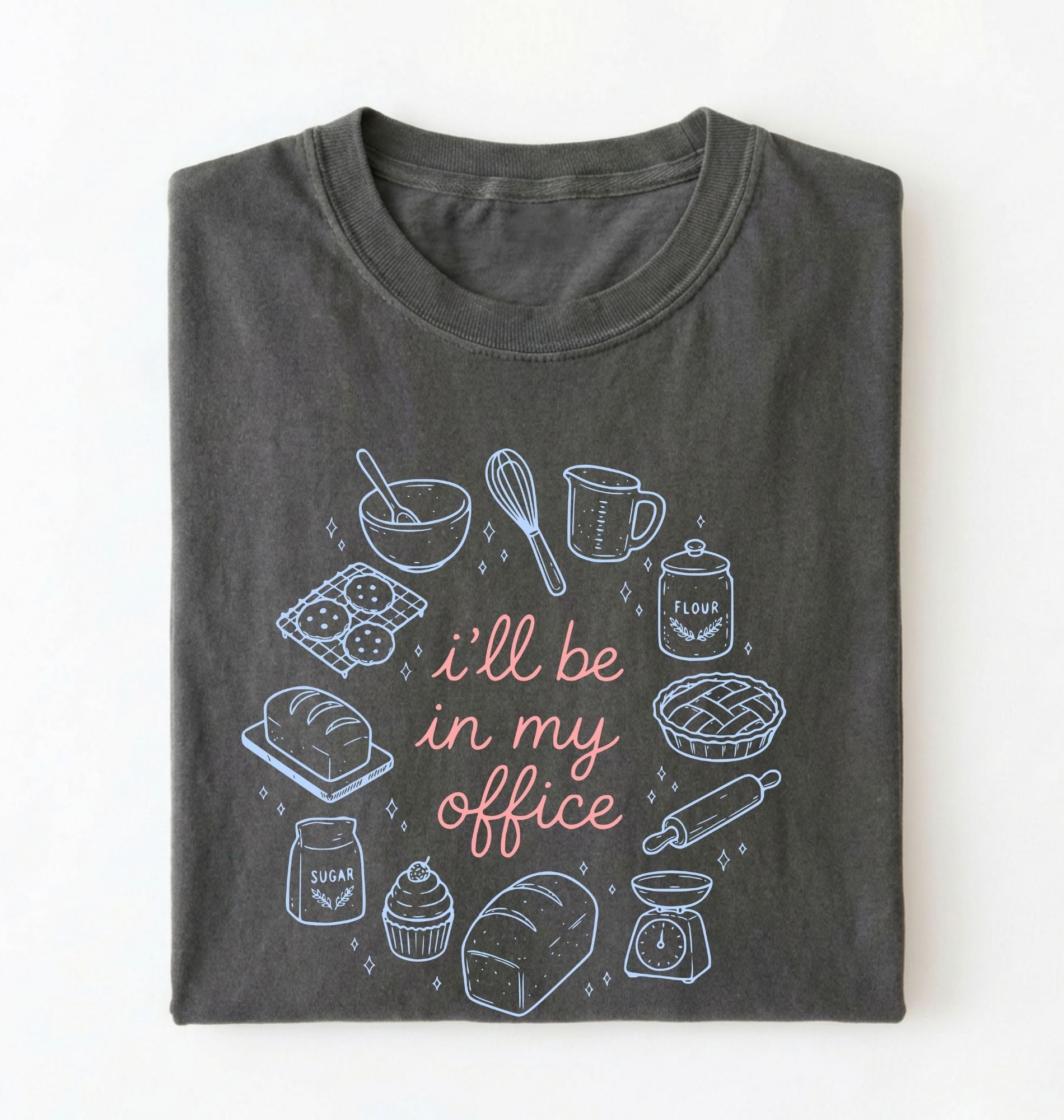 Flat lay of a Funny baking shirt with bread pie cupcake and baking tools illustration on pepper tee on a white background 