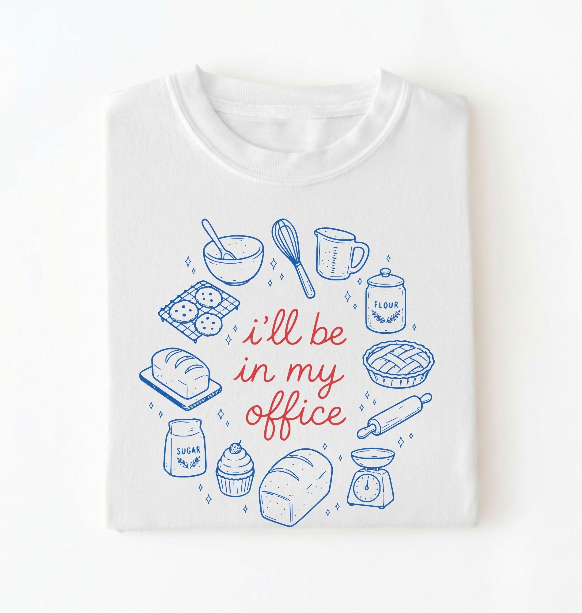 Flat lay of a Funny baking shirt with bread pie cupcake and baking tools illustration on white tee on a white background 