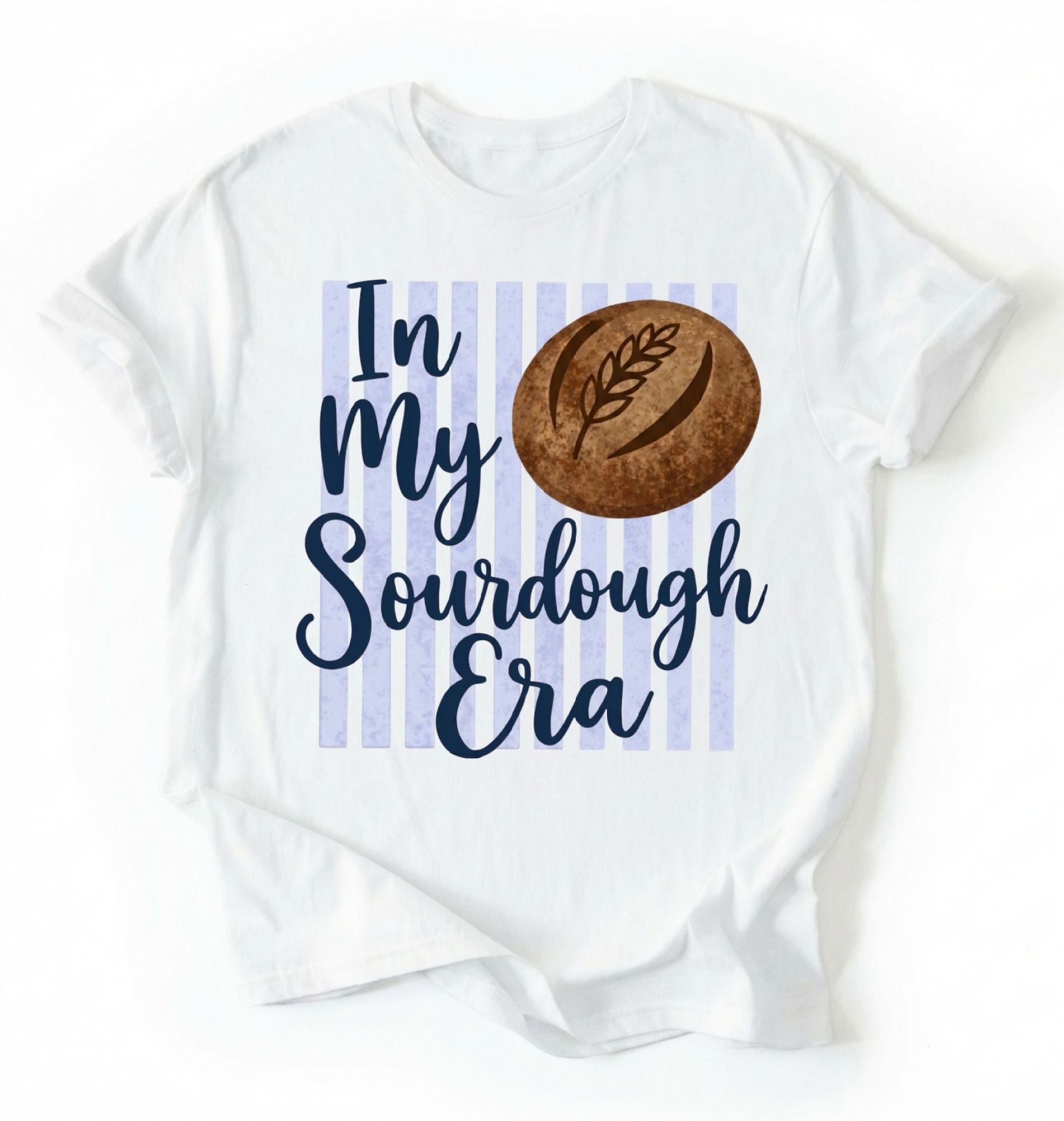 Flat lay of a white in my sourdough era shirt white funny baking t shirt bread lover gift cottagecore style on a white background