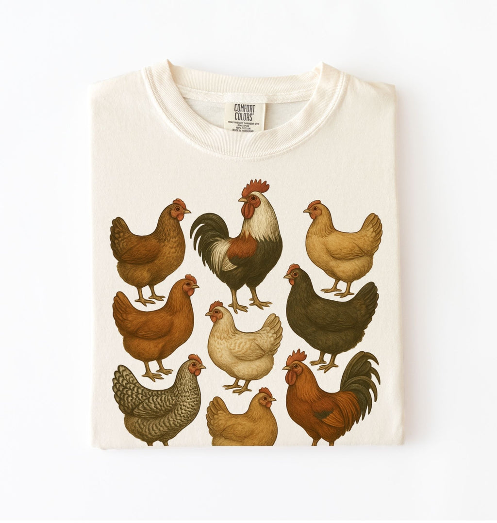 Vintage chicken breeds illustration shirt featuring colorful hens and roosters, perfect gift for chicken lovers and gardeners