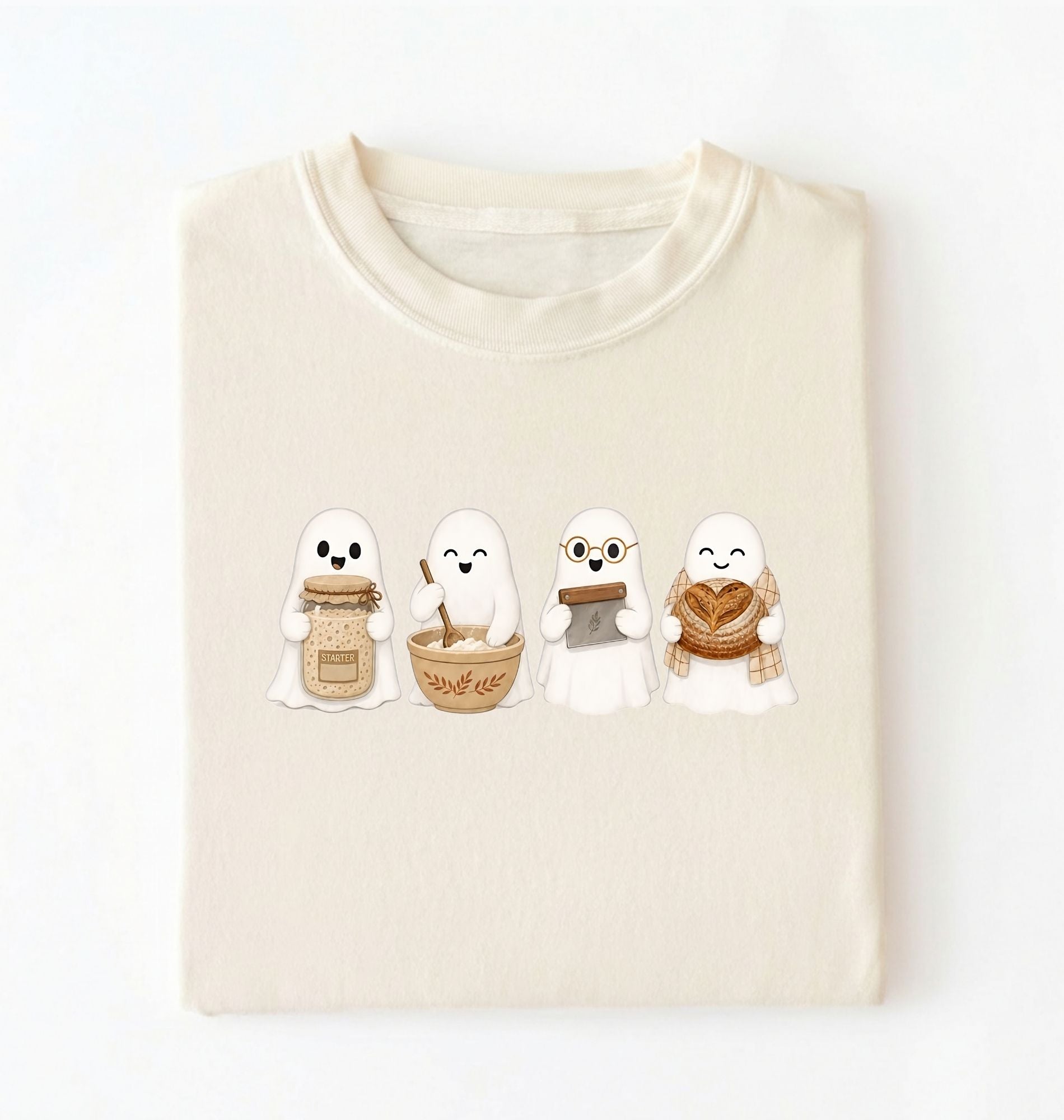 Ghost Baking Crew T‑Shirt, Cute Ghosts with Bread, Pastry & Coffee