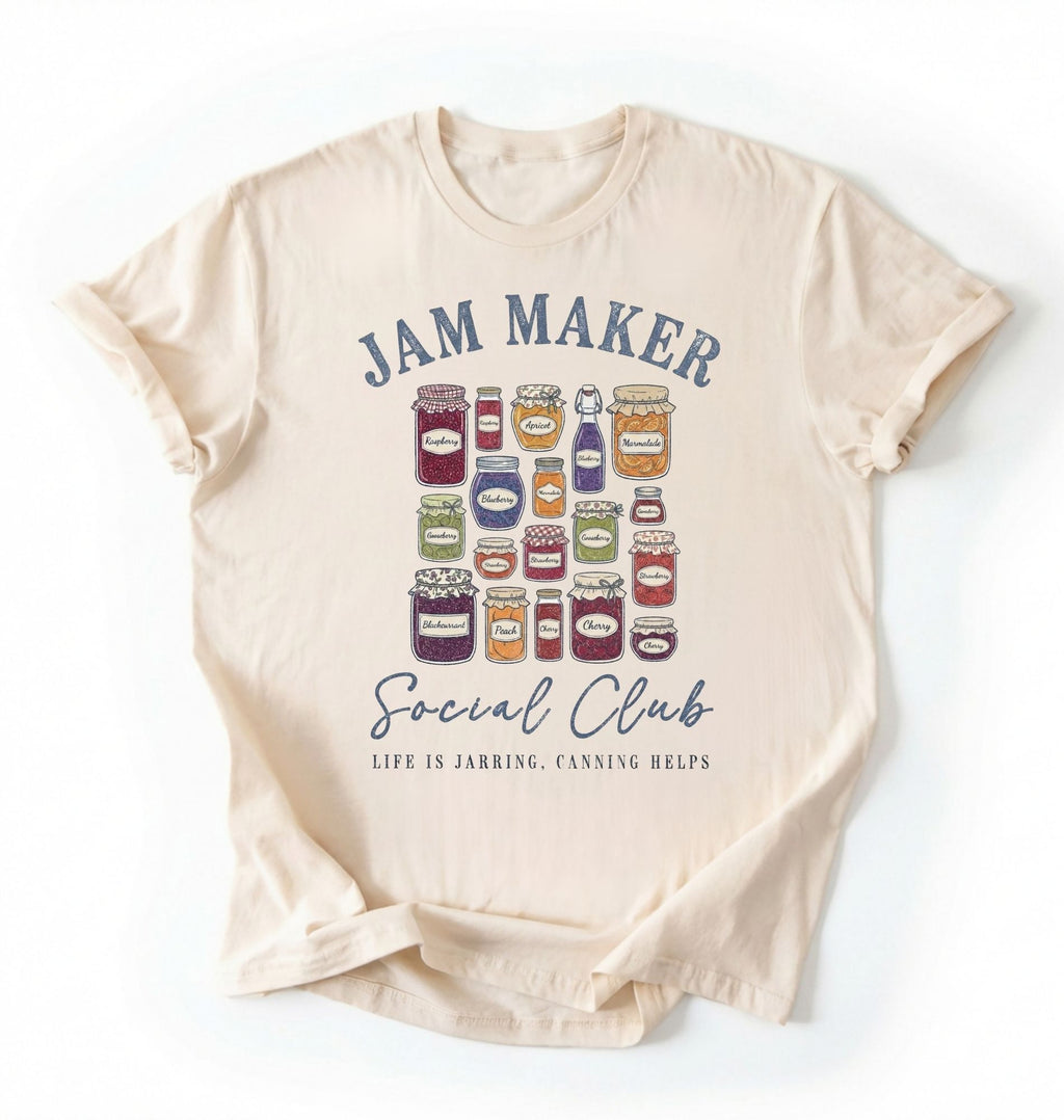 Flat lay of a Cute canning lover shirt for homesteaders and homemade jam makers on ivory tee on a white background 
