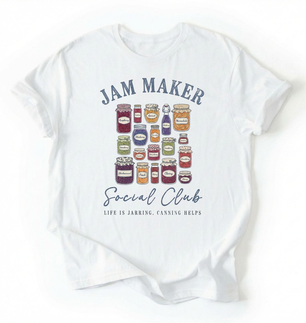 Flat lay of a Cute canning lover shirt for homesteaders and homemade jam makers on white tee on a white background 