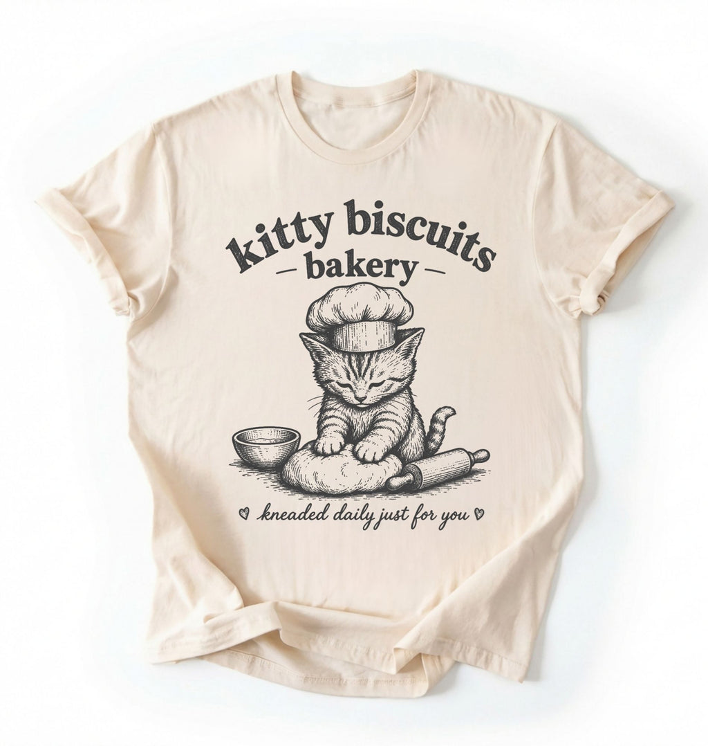 Flat lay of an ivory Kitty Biscuits Bakery shirt featuring a baking kitten and dough on cream t-shirt on  a white background 