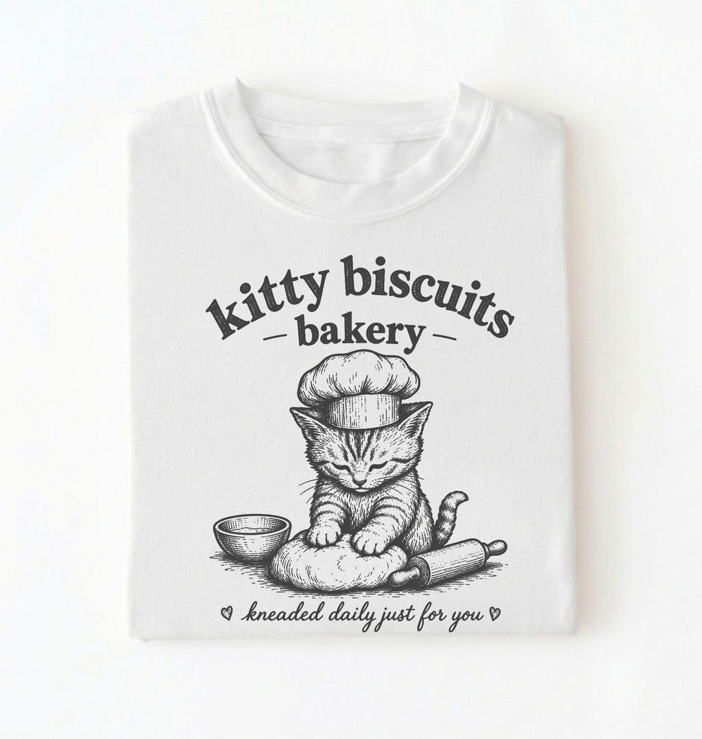 Flat lay of a white Kitty Biscuits Bakery shirt featuring a baking kitten and dough on cream t-shirt on  a white background 