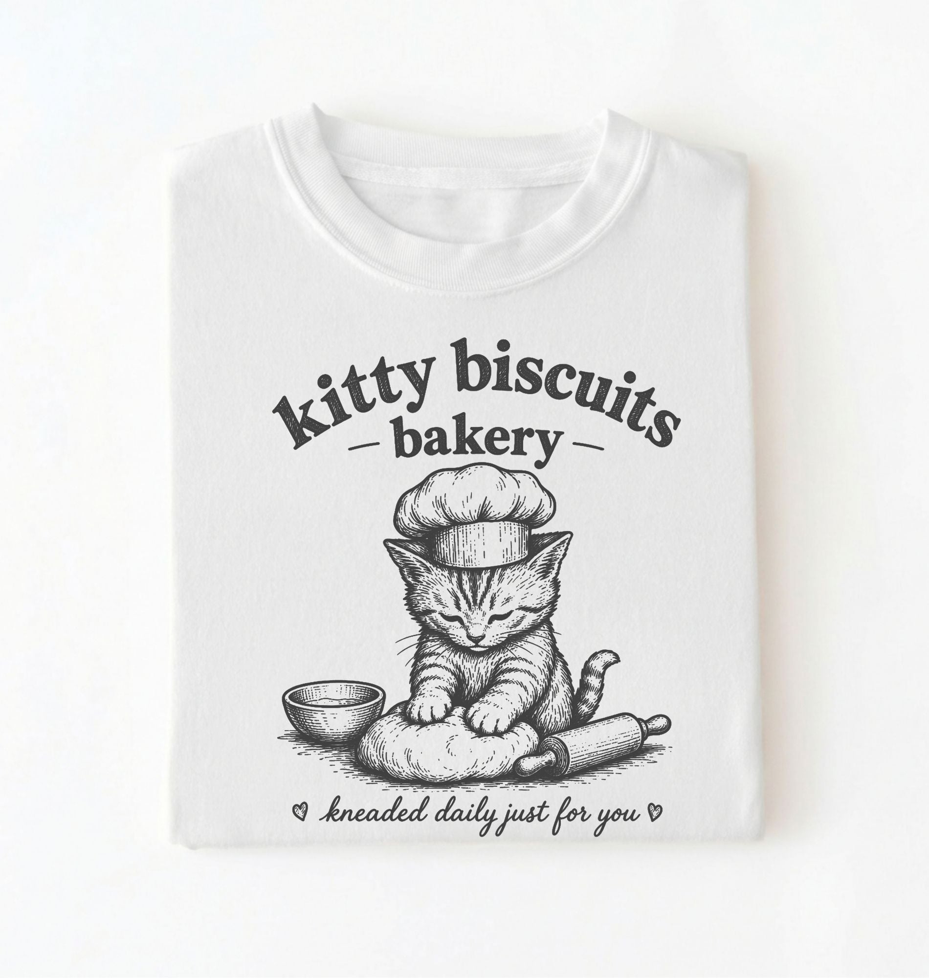 Flat lay of a white Kitty Biscuits Bakery shirt featuring a baking kitten and dough on cream t-shirt on  a white background 