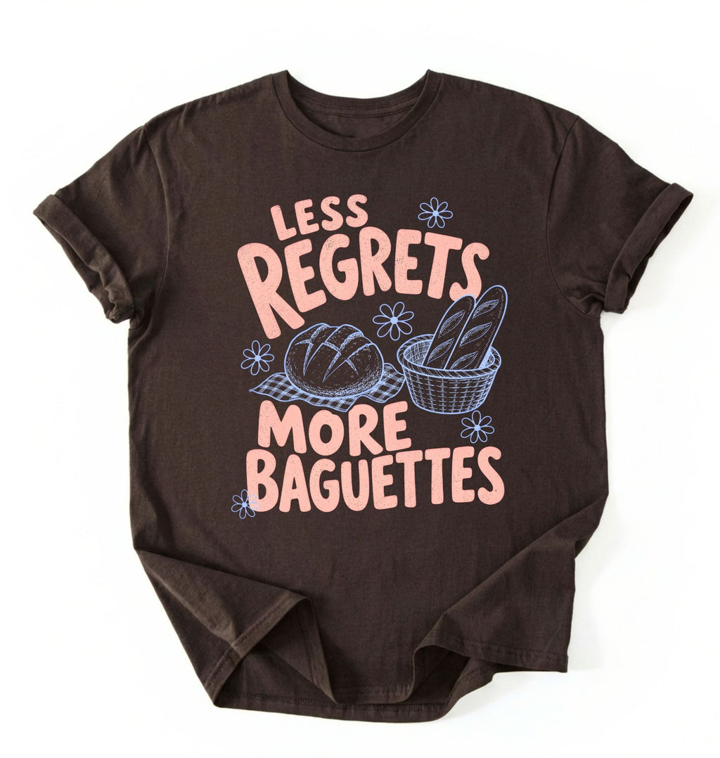 Flat lay of a dark chocolate less regrets more baguettes shirt brown funny baking t shirt bread lover gift foodie humor design on a white background 