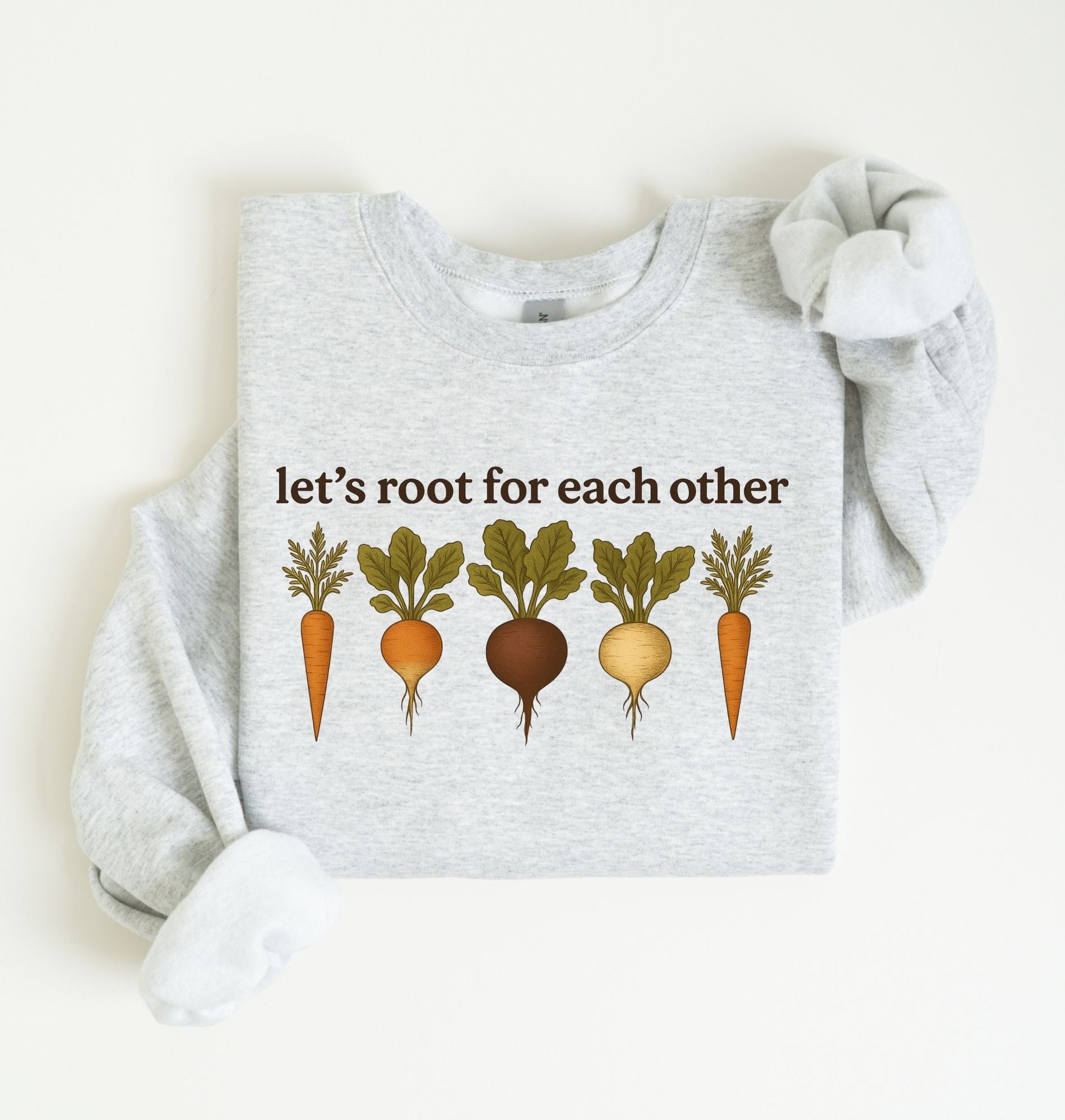 let’s root for each other sweatshirt with illustrated root vegetables, cozy gardener gift crewneck