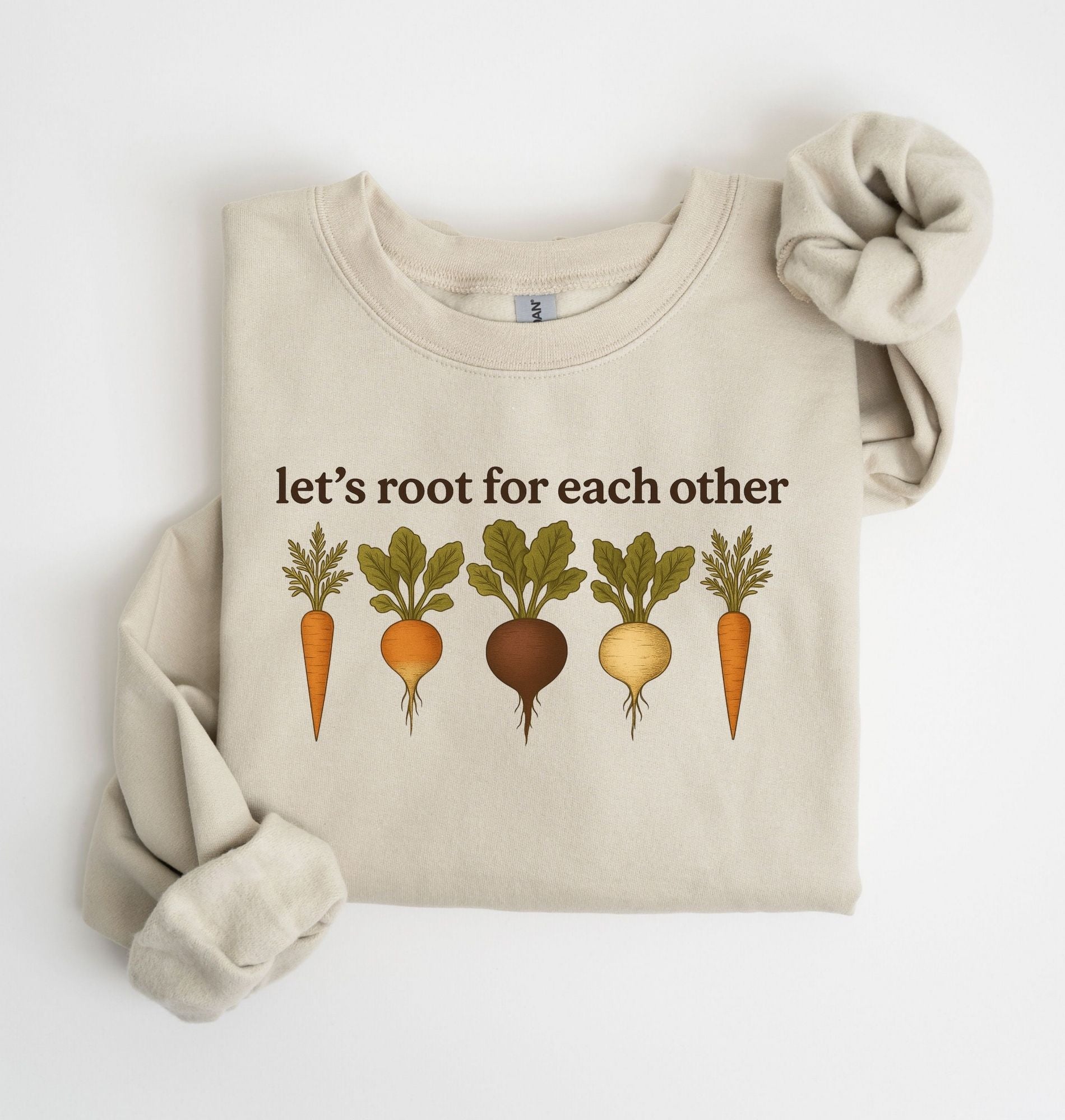 let’s root for each other sweatshirt with illustrated root vegetables, cozy gardener gift crewneck