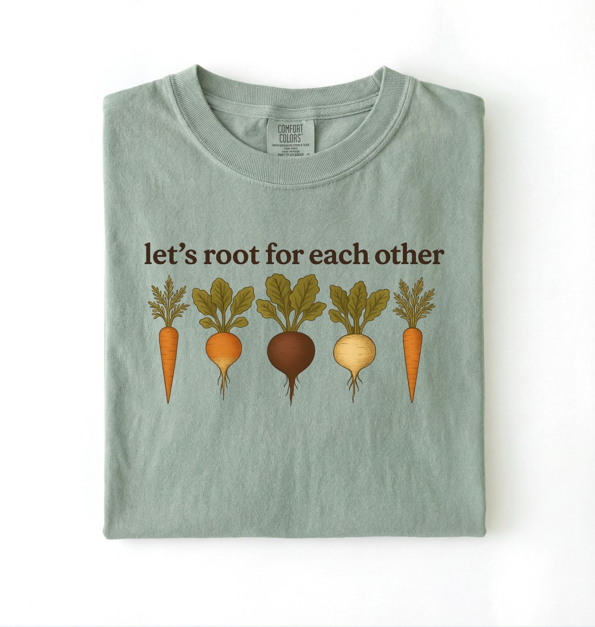 Let’s root for each other gardening t-shirt with illustrated root vegetables, perfect gardener gift