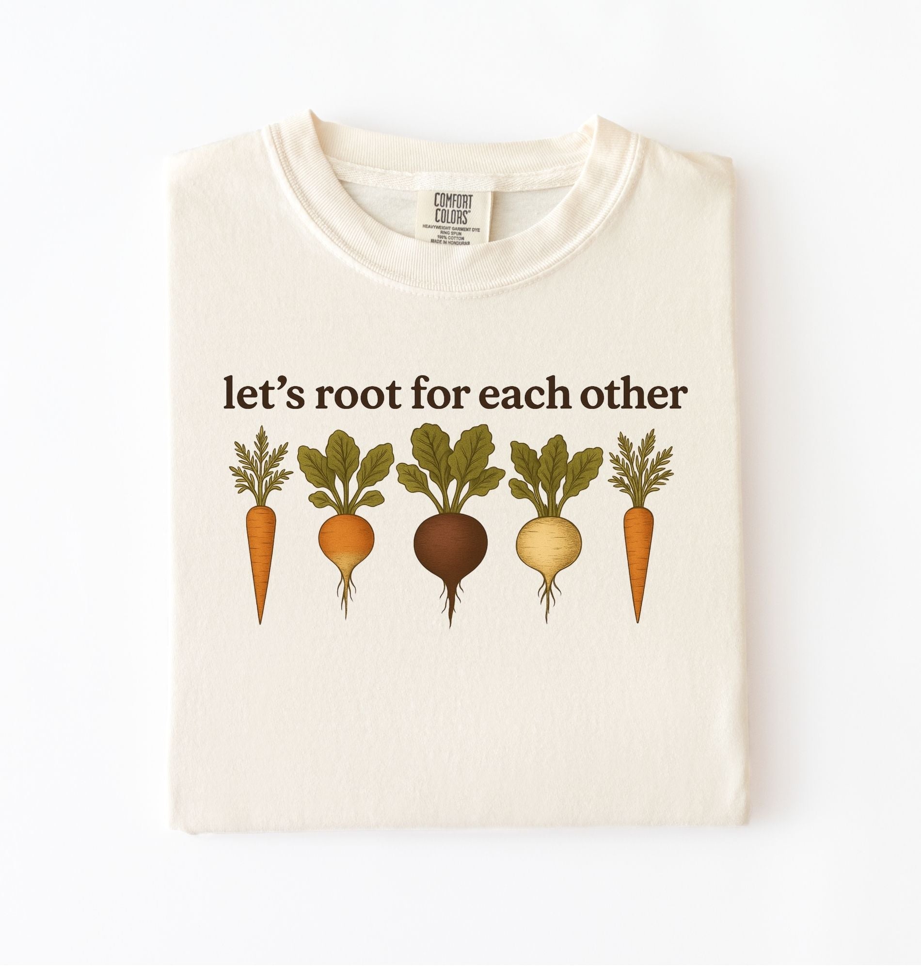 Let’s root for each other gardening t-shirt with illustrated root vegetables, perfect gardener gift
