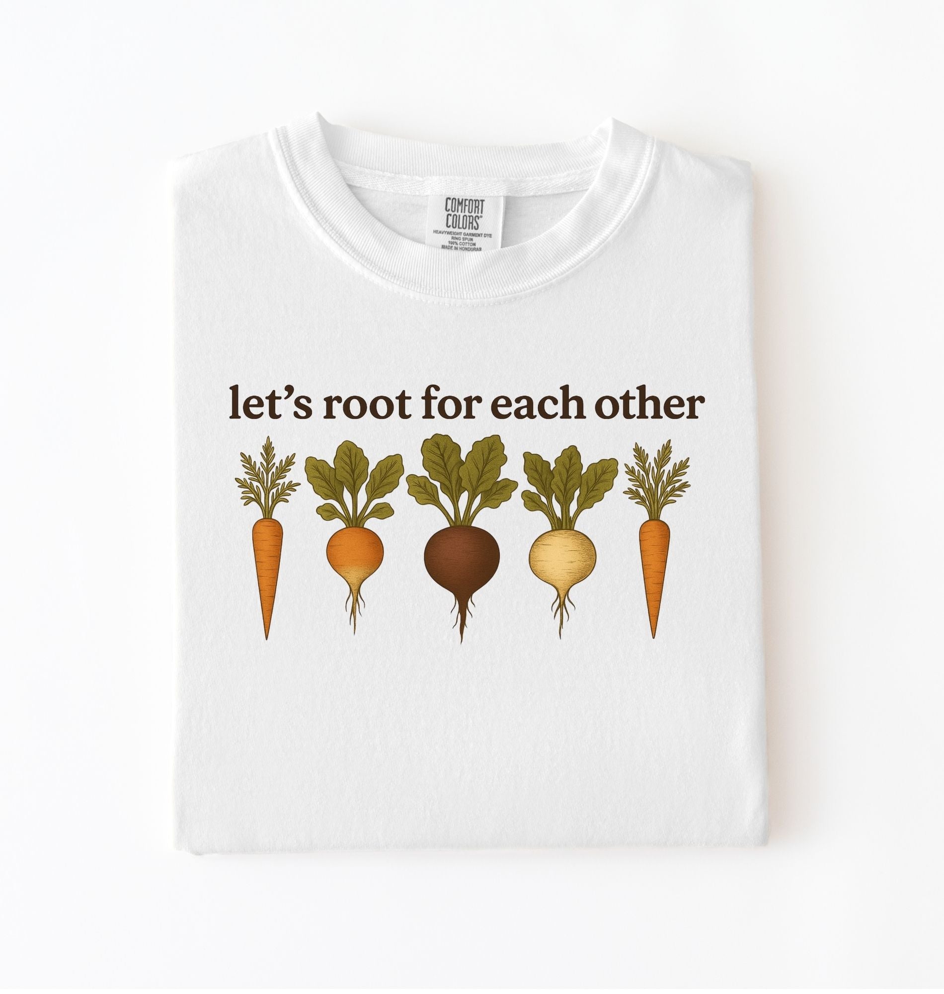Let’s root for each other gardening t-shirt with illustrated root vegetables, perfect gardener gift