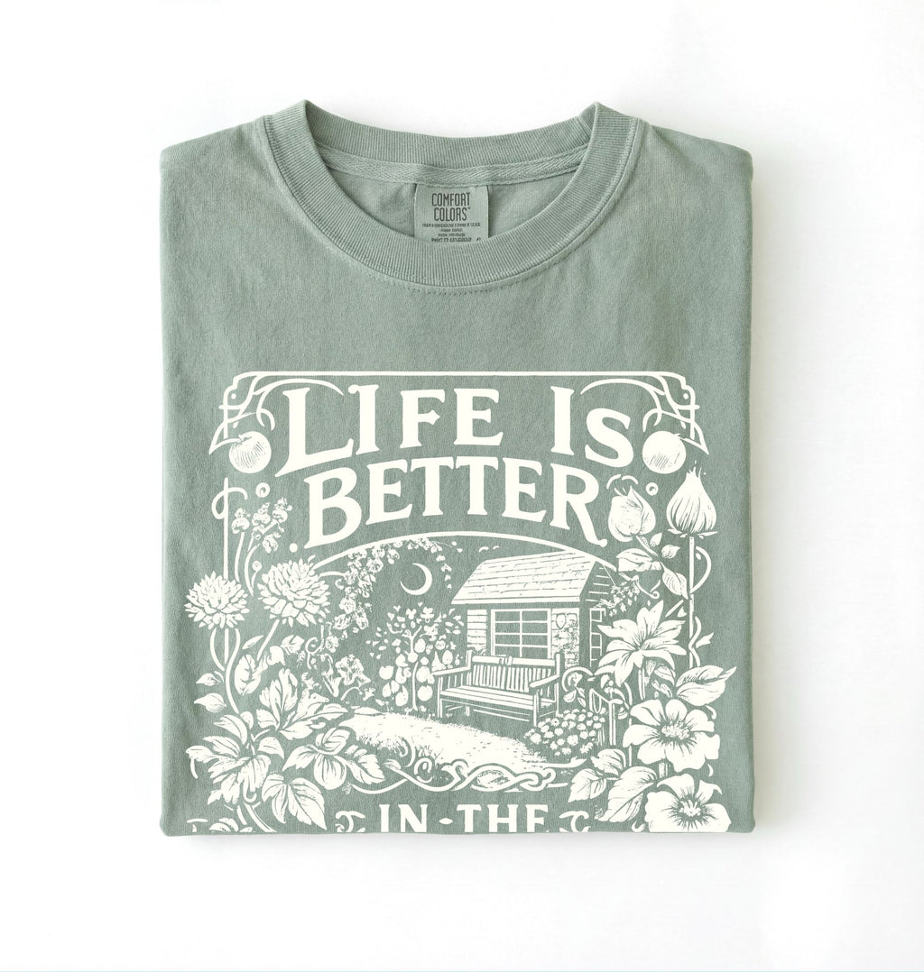 Life is better in the garden cottagecore t-shirt with vintage floral garden illustration, perfect gardener gift