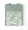 Life is better in the garden cottagecore t-shirt with vintage floral garden illustration, perfect gardener gift
