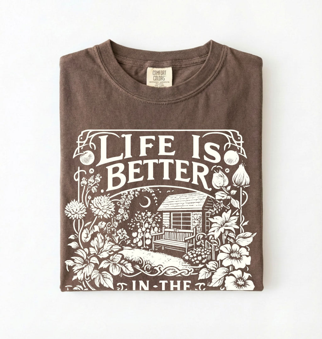 Life is better in the garden cottagecore t-shirt with vintage floral garden illustration, perfect gardener gift