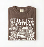 Life is better in the garden cottagecore t-shirt with vintage floral garden illustration, perfect gardener gift