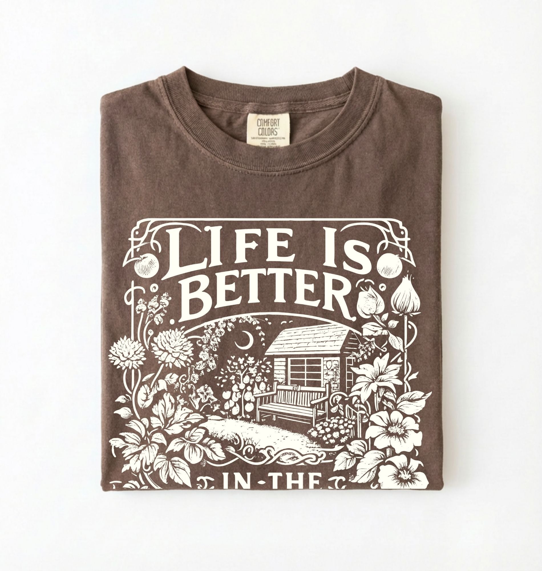 Life is better in the garden cottagecore t-shirt with vintage floral garden illustration, perfect gardener gift