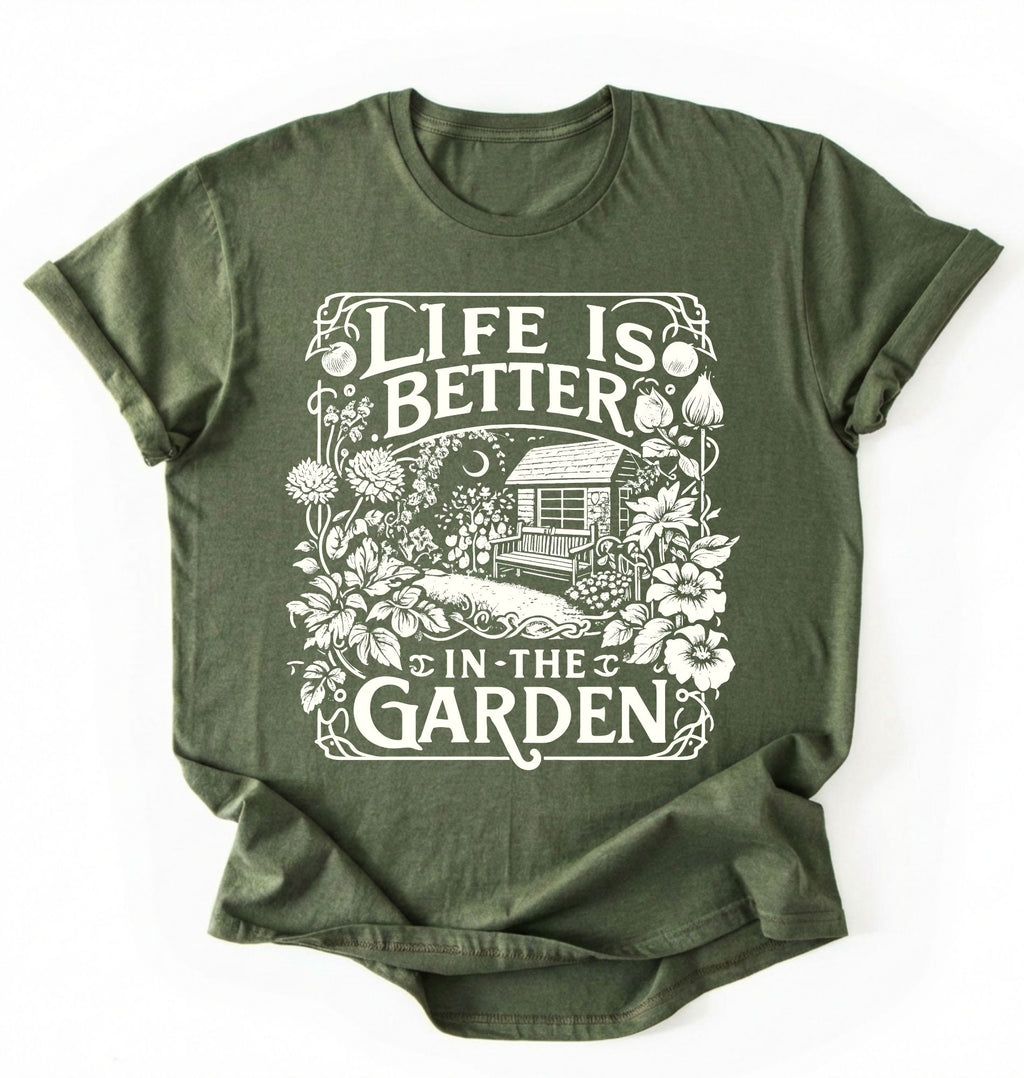 Flat lay of a moss shirt written Life is better in the garden cottagecore t-shirt with vintage floral garden illustration, perfect gardener gift on a white background 