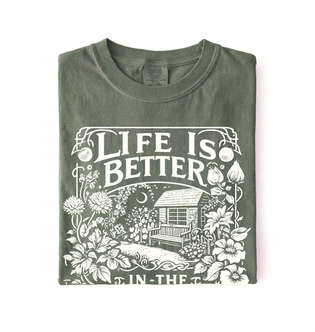 Life is better in the garden cottagecore t-shirt with vintage floral garden illustration, perfect gardener gift