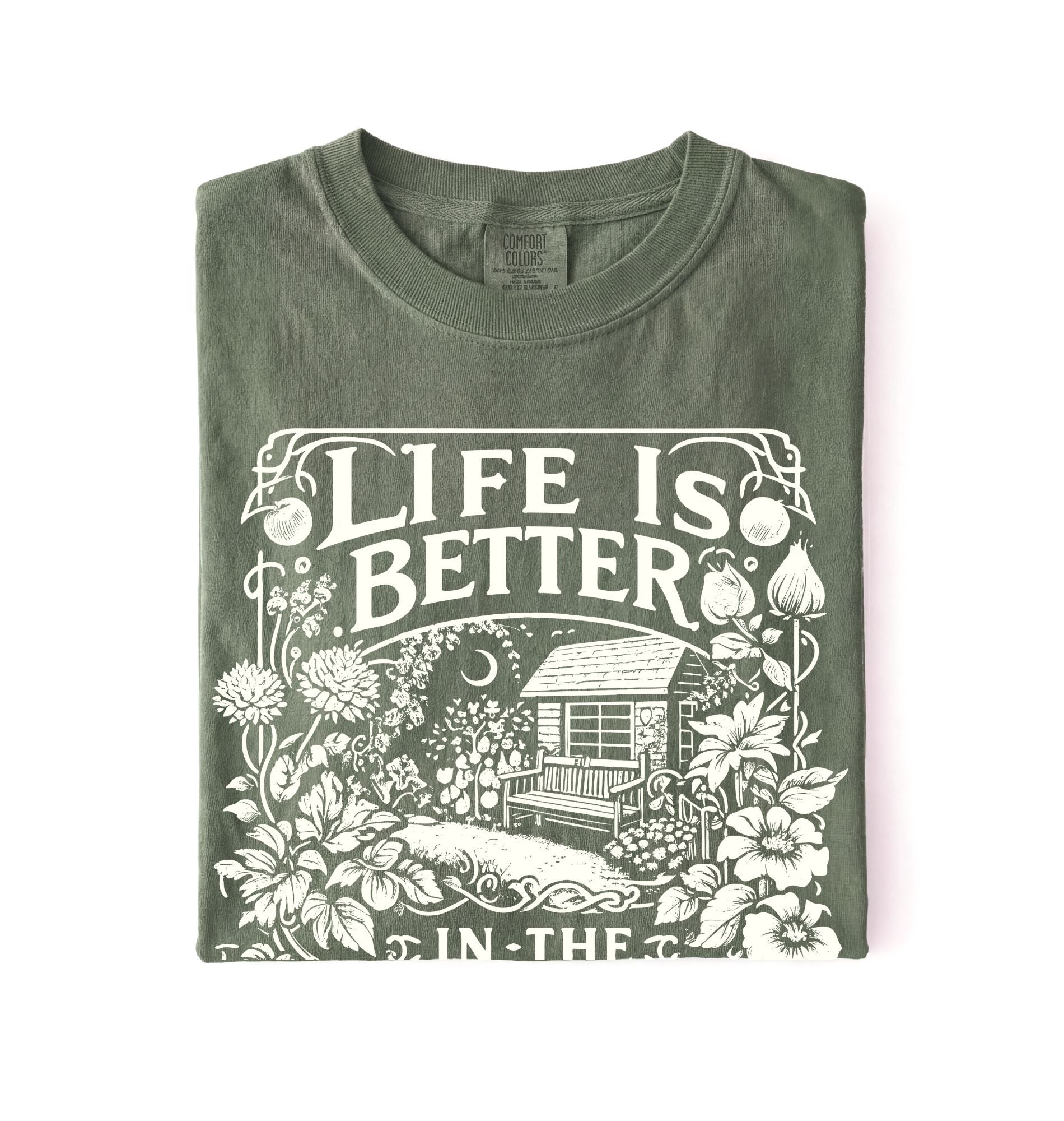 Life is better in the garden cottagecore t-shirt with vintage floral garden illustration, perfect gardener gift