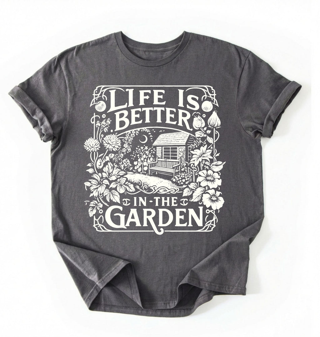 Flat lay of a Charcoal shirt written Life is better in the garden cottagecore t-shirt with vintage floral garden illustration, perfect gardener gift on a white background