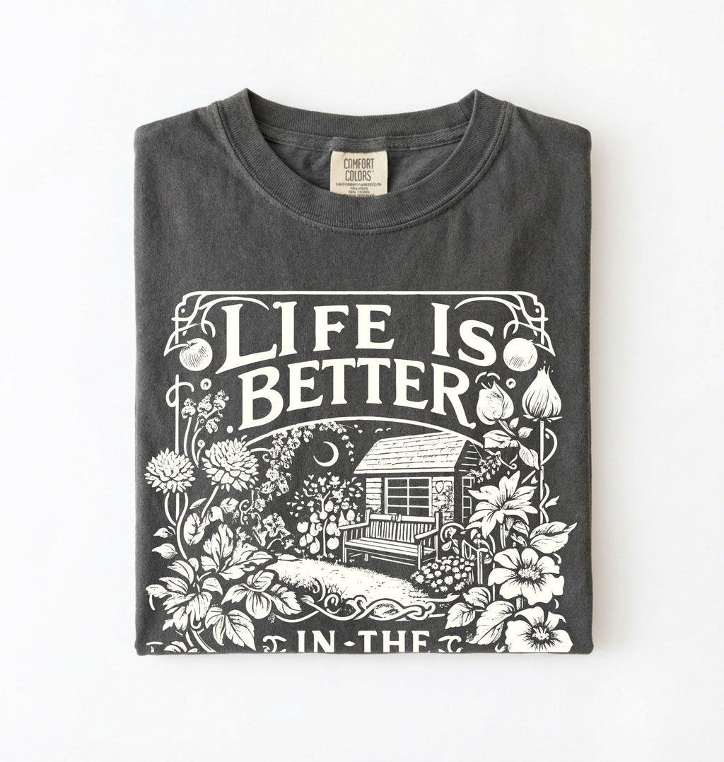 Life is better in the garden cottagecore t-shirt with vintage floral garden illustration, perfect gardener gift