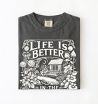 Life is better in the garden cottagecore t-shirt with vintage floral garden illustration, perfect gardener gift