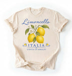 Flat lay of a limoncello italia shirt ivory amalfi coast lemon t shirt italian summer aesthetic gift on a white background 