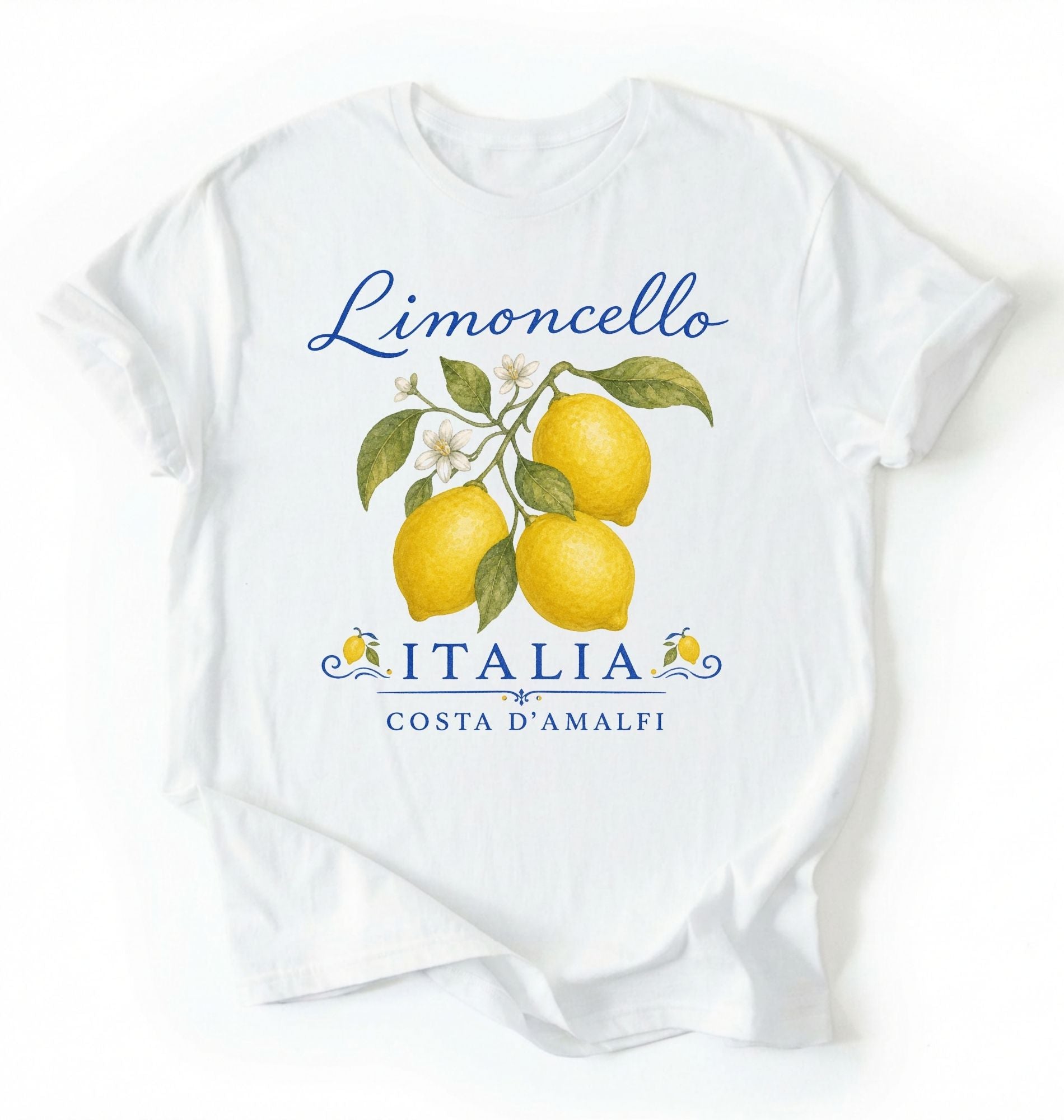 Flat lay of a limoncello italia shirt white amalfi coast lemon t shirt italian summer aesthetic gift on a white background 