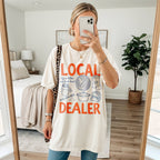 A person wearing a Funny local dealer bread shirt with baking tools and sourdough theme perfect gift for bakers and bread lovers on a white background 