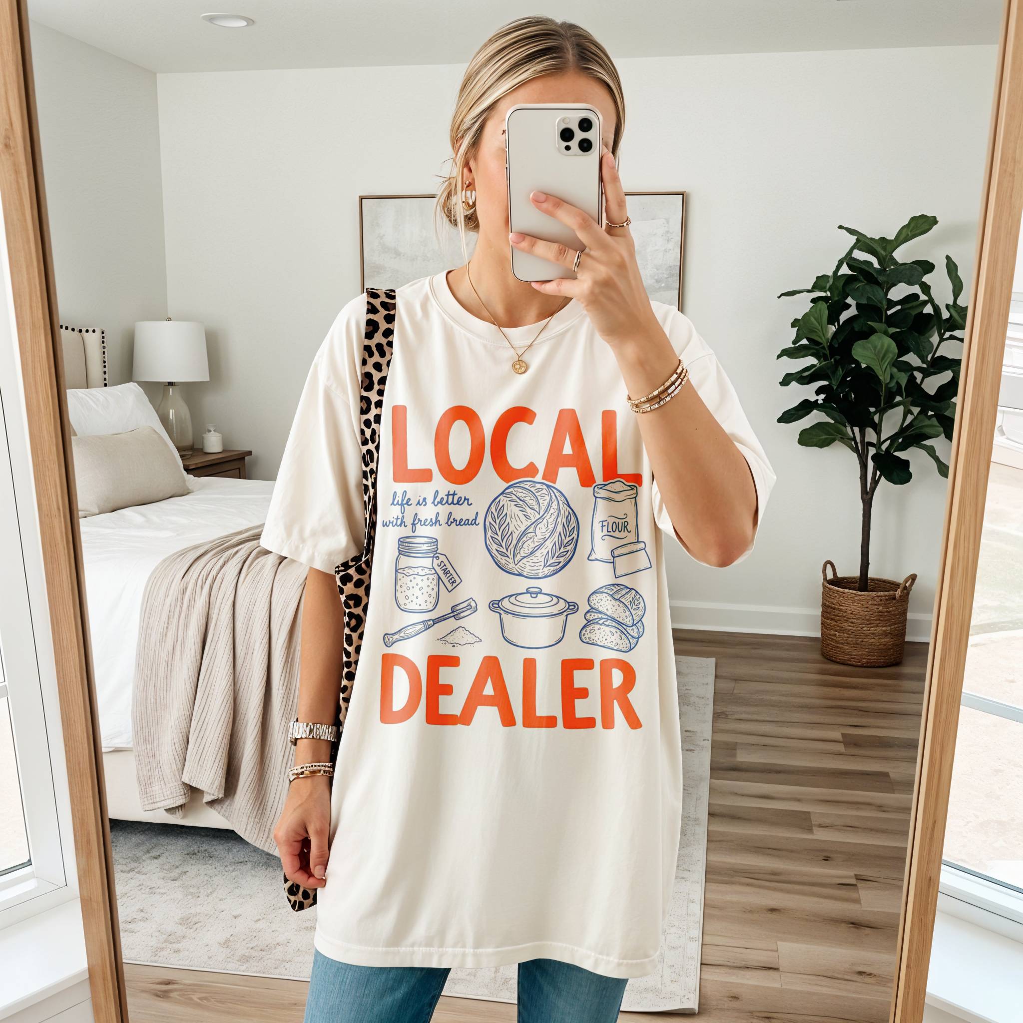 A person wearing a Funny local dealer bread shirt with baking tools and sourdough theme perfect gift for bakers and bread lovers on a white background 