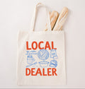 Funny local dealer bread tote bag featuring artisan bread and baking illustrations