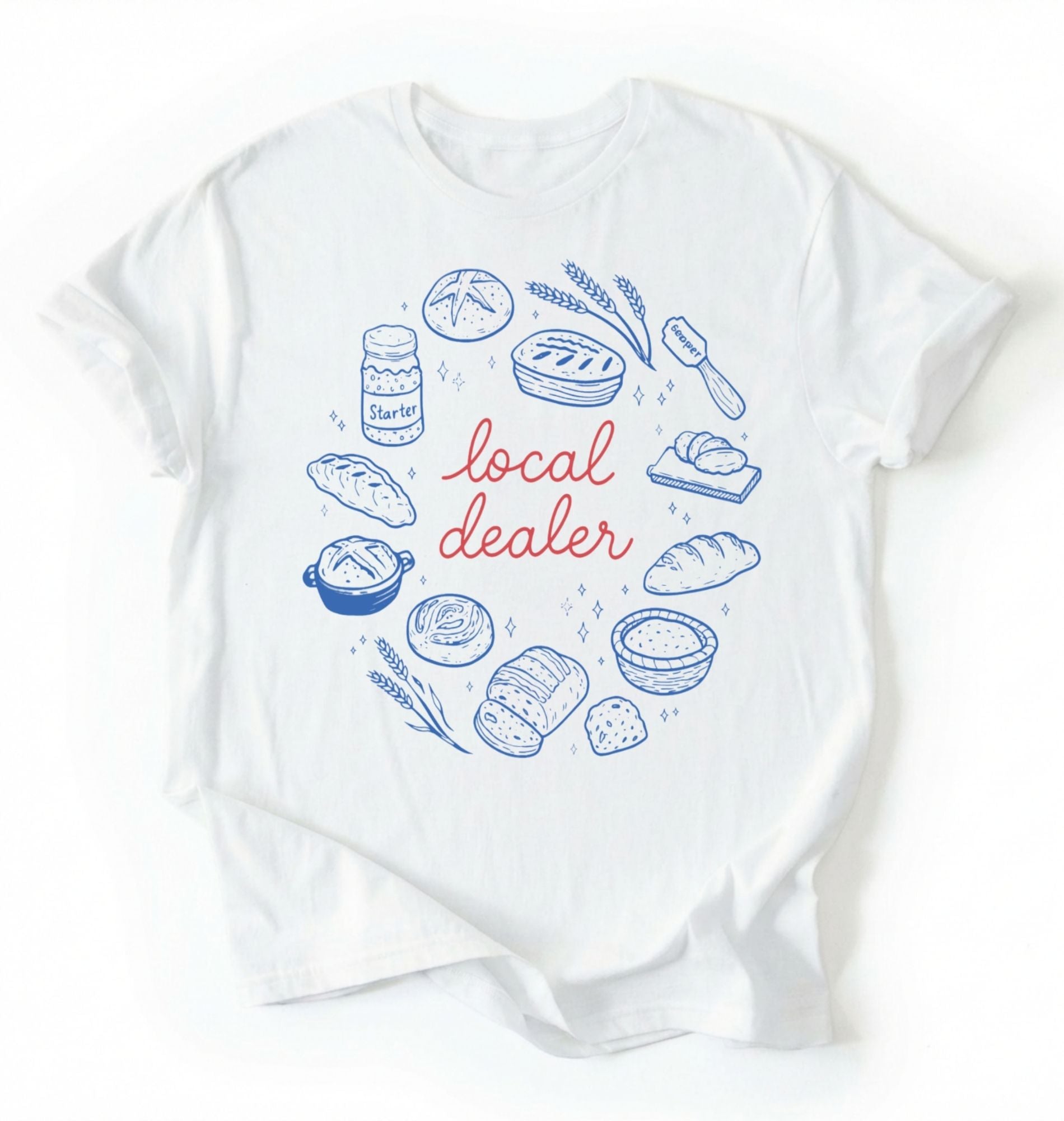 Flat lay of a white local dealer sourdough shirt with bread starter and baking illustrations funny baker gift white t-shirt on a white background