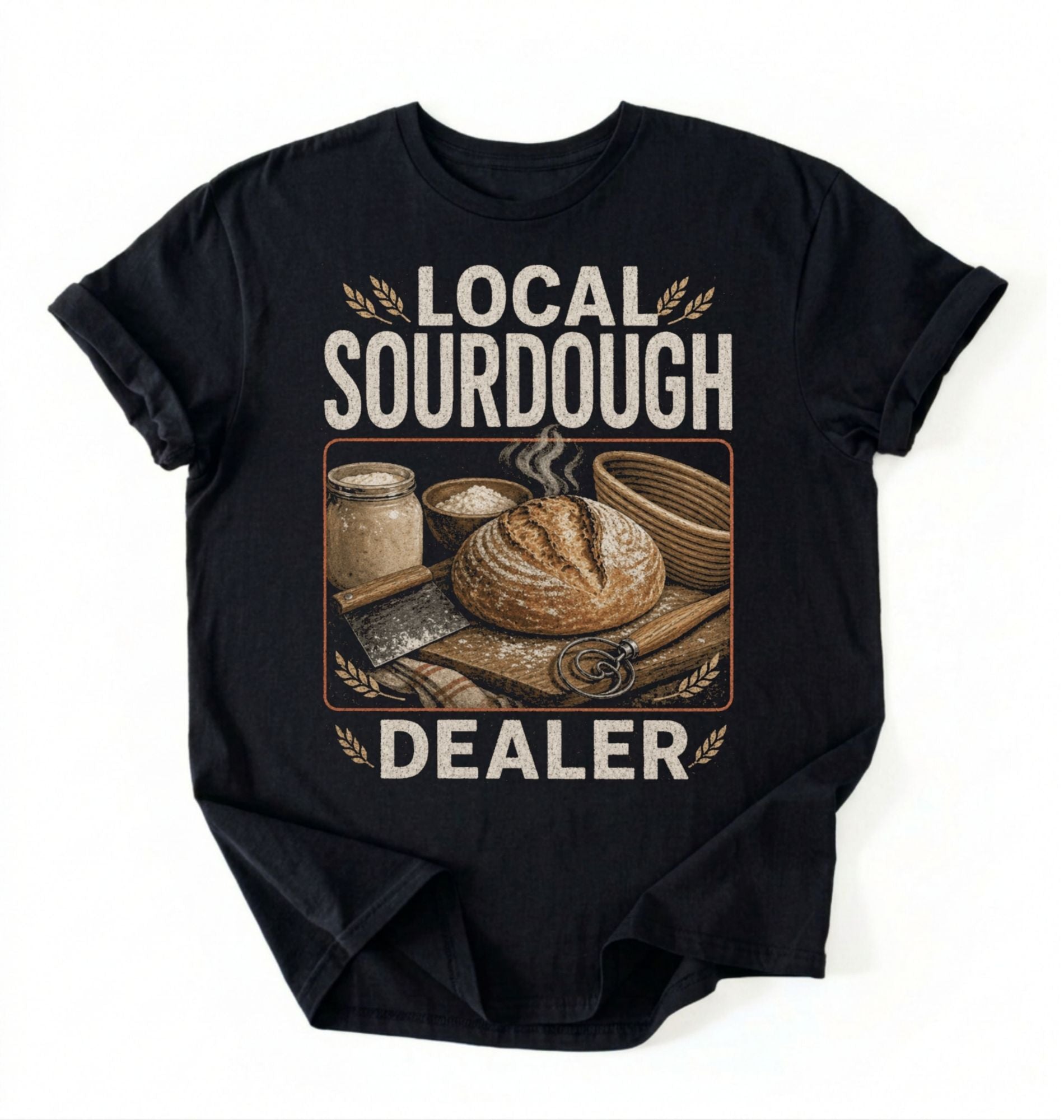 Flat lay of a black local sourdough dealer shirt black funny baking t shirt bread lover gift vintage bakery style on a white background 