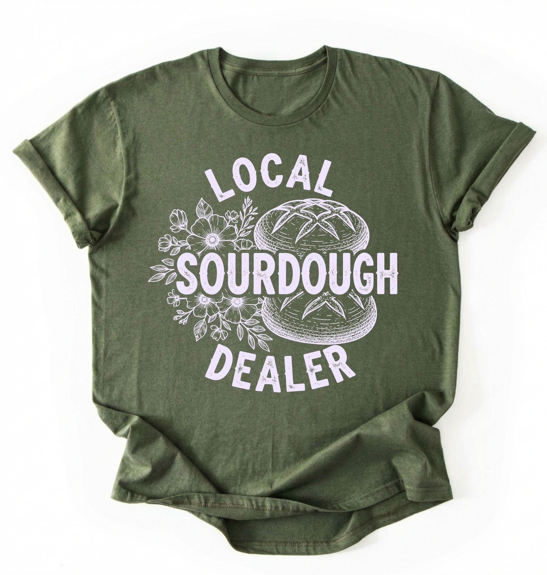 Flat lay of a green local sourdough dealer shirt brown funny baking t shirt bread lover gift bakery humor on a white background 