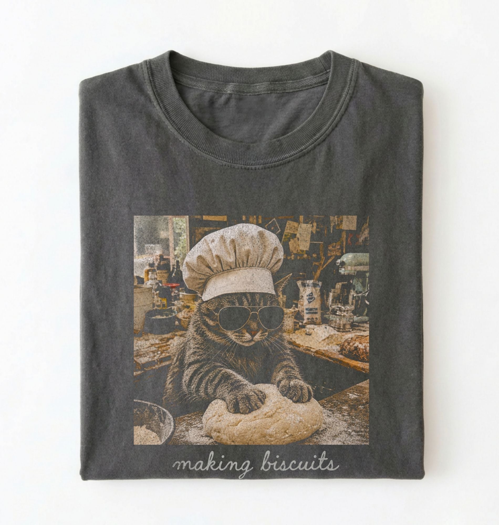Flat lay of a pepper making biscuits cat shirt with chef cat kneading dough funny baker and cat lover gift on a white background 